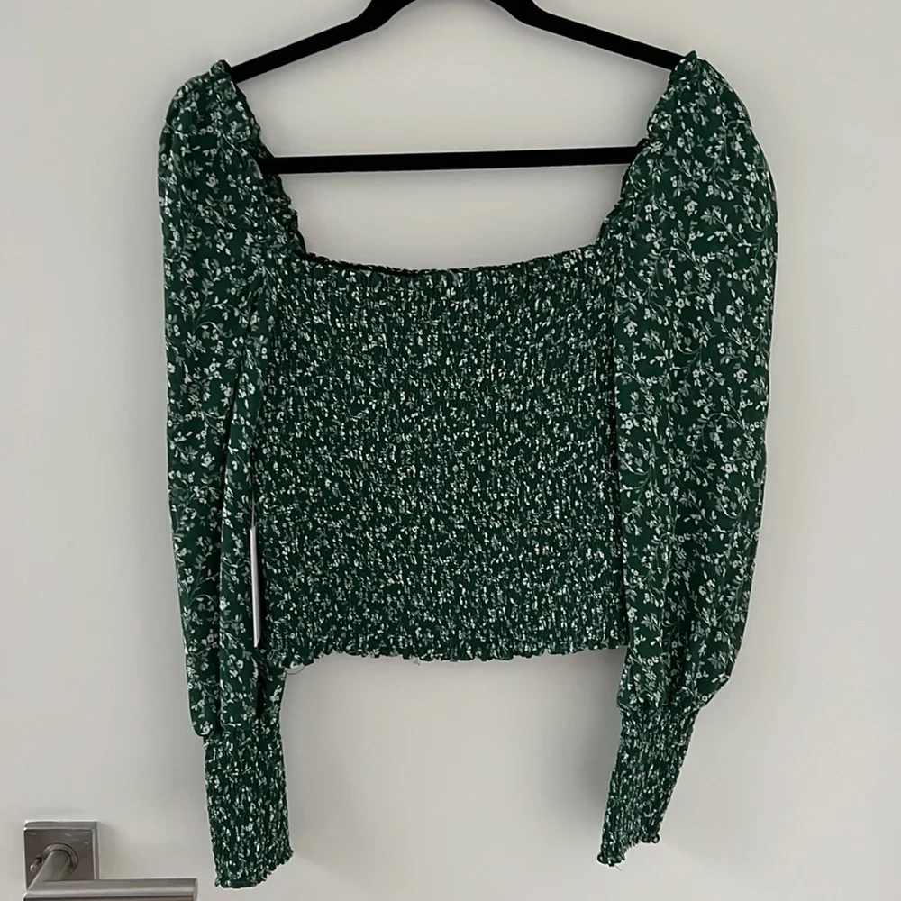 Reformation Green Floral Smocked Square-Neck Blouse